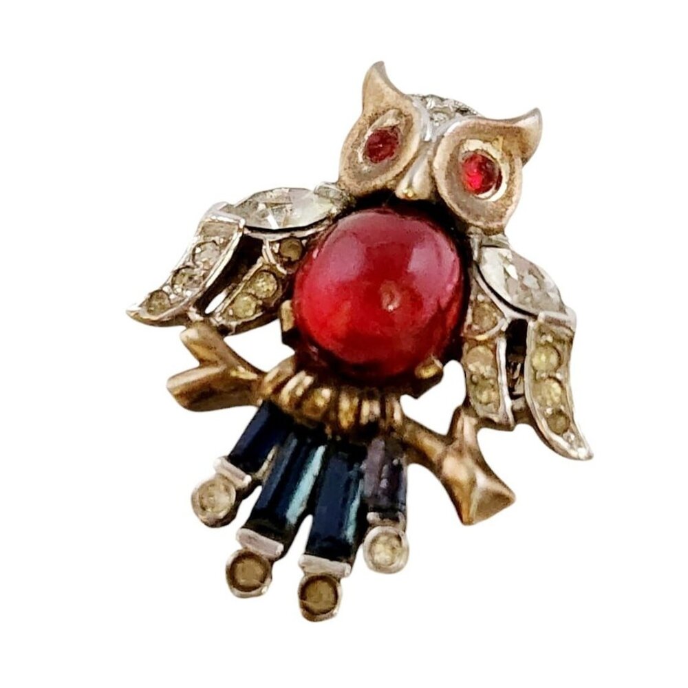 Vintage Signed Trifari Alfred Philippe Jelly Belly Style Tiny Owl Brooch (A5864)